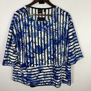 Rafaella Top L Blue White Stripe Abstract Print Resort Coastal Chic Art Dopamine